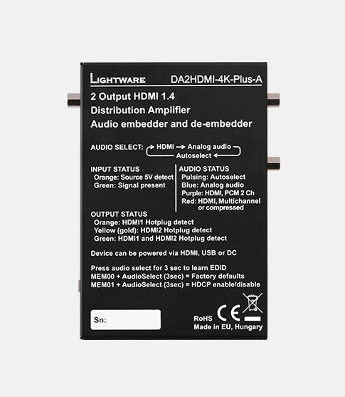 LWR DA2HDMI-4K-Plus-A HDMI DA + Audio - 1 HDMI to two HDMI Inc Audio IO SKU 91320006